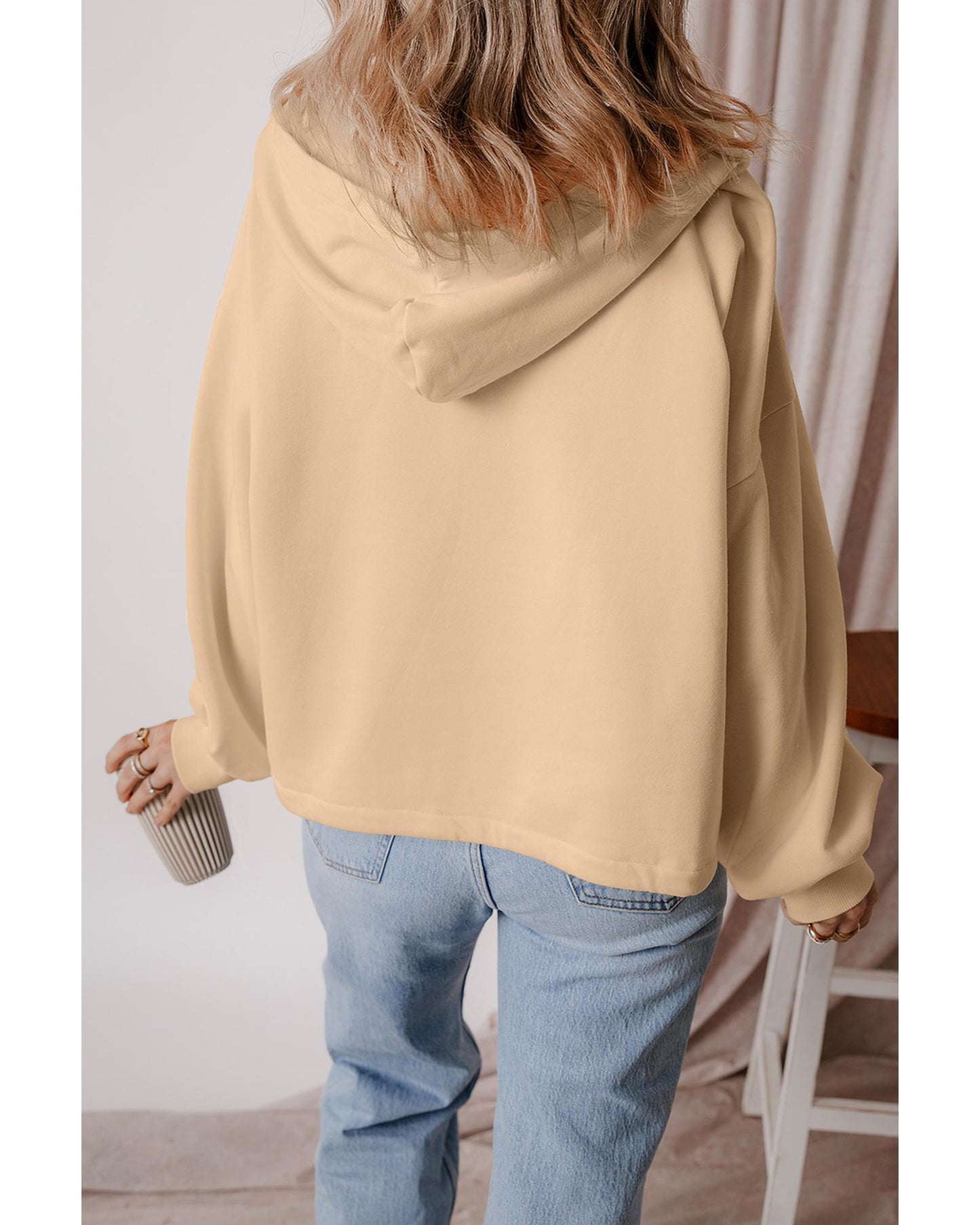 Parchment Fleece Lined Half Zipper Kangaroo Pockets Loose Hoodie - M