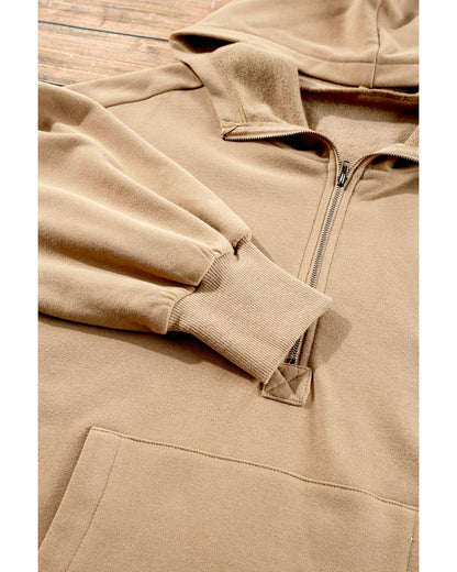 Parchment Fleece Lined Half Zipper Kangaroo Pockets Loose Hoodie - M