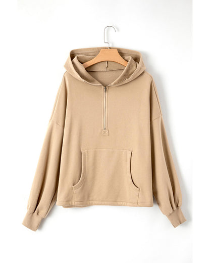 Parchment Fleece Lined Half Zipper Kangaroo Pockets Loose Hoodie - M