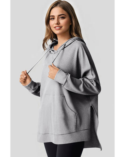 Gray Waffle Knit Fleece Lined High Low Oversized Hoodie - 2XL