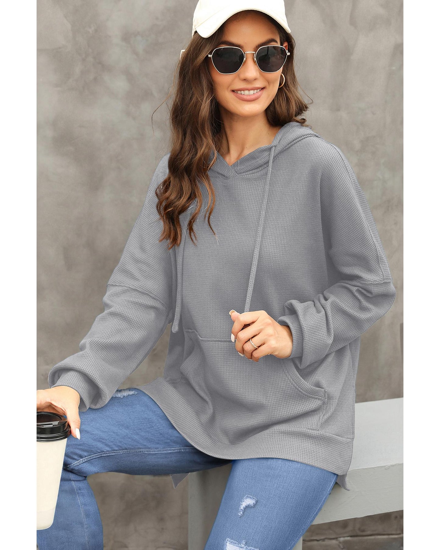 Gray Waffle Knit Fleece Lined High Low Oversized Hoodie - 2XL