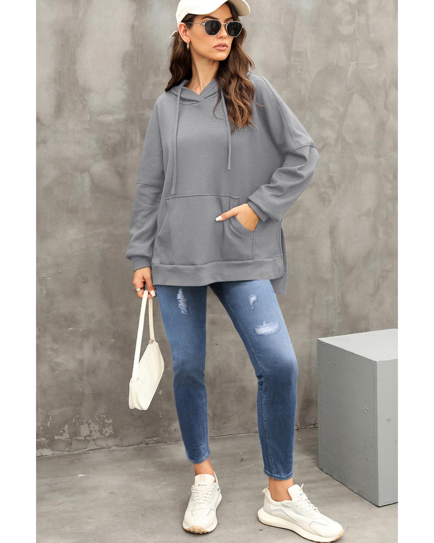 Gray Waffle Knit Fleece Lined High Low Oversized Hoodie - L