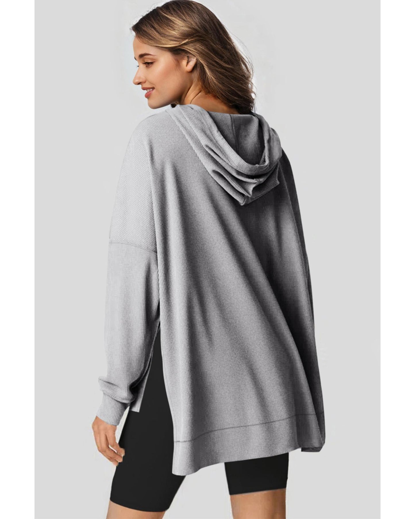 Gray Waffle Knit Fleece Lined High Low Oversized Hoodie - L