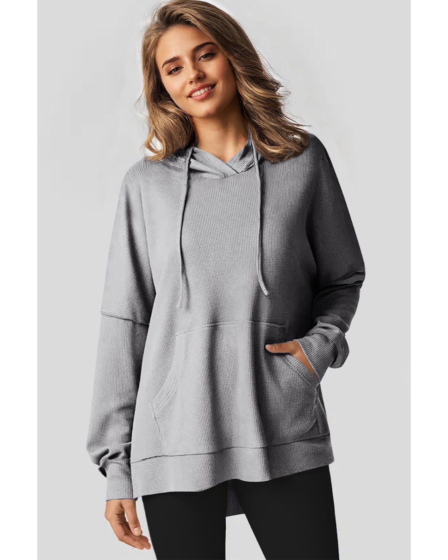 Gray Waffle Knit Fleece Lined High Low Oversized Hoodie - L