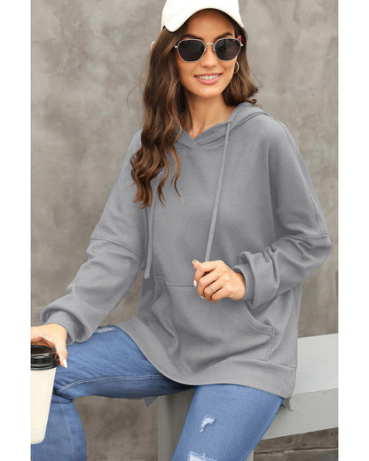 Gray Waffle Knit Fleece Lined High Low Oversized Hoodie - S