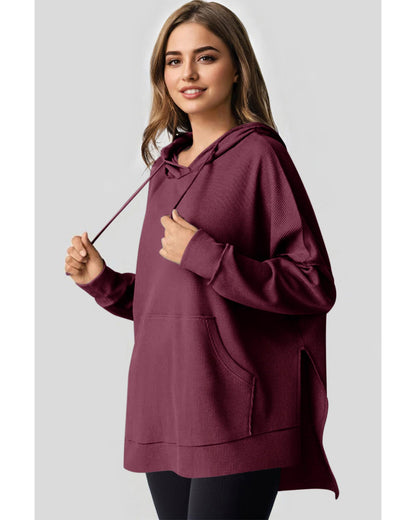 Red Dahlia Waffle Knit Fleece Lined High Low Oversized Hoodie - M