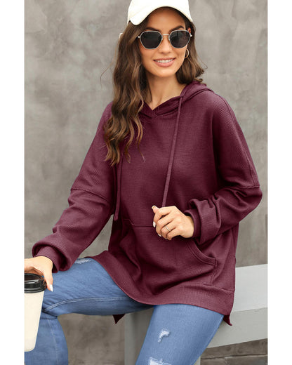 Red Dahlia Waffle Knit Fleece Lined High Low Oversized Hoodie - S