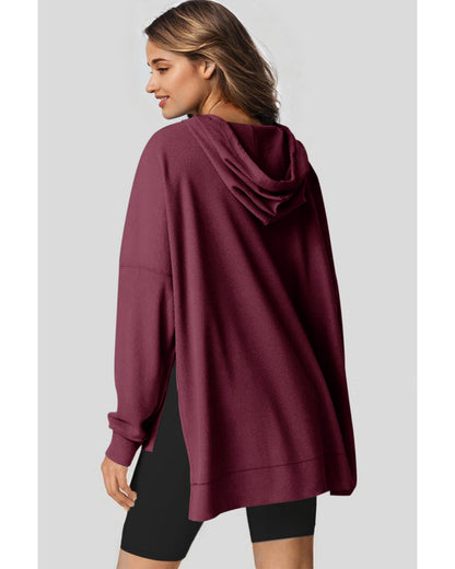 Red Dahlia Waffle Knit Fleece Lined High Low Oversized Hoodie - S