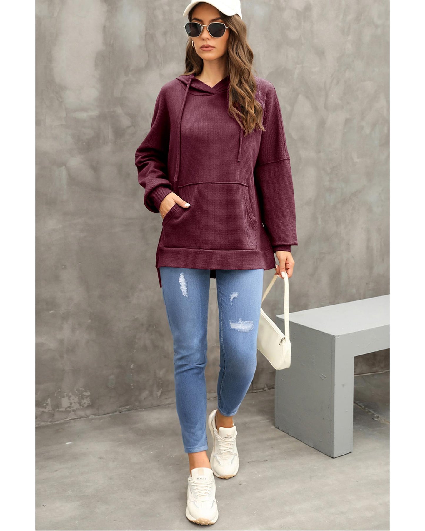 Red Dahlia Waffle Knit Fleece Lined High Low Oversized Hoodie - S