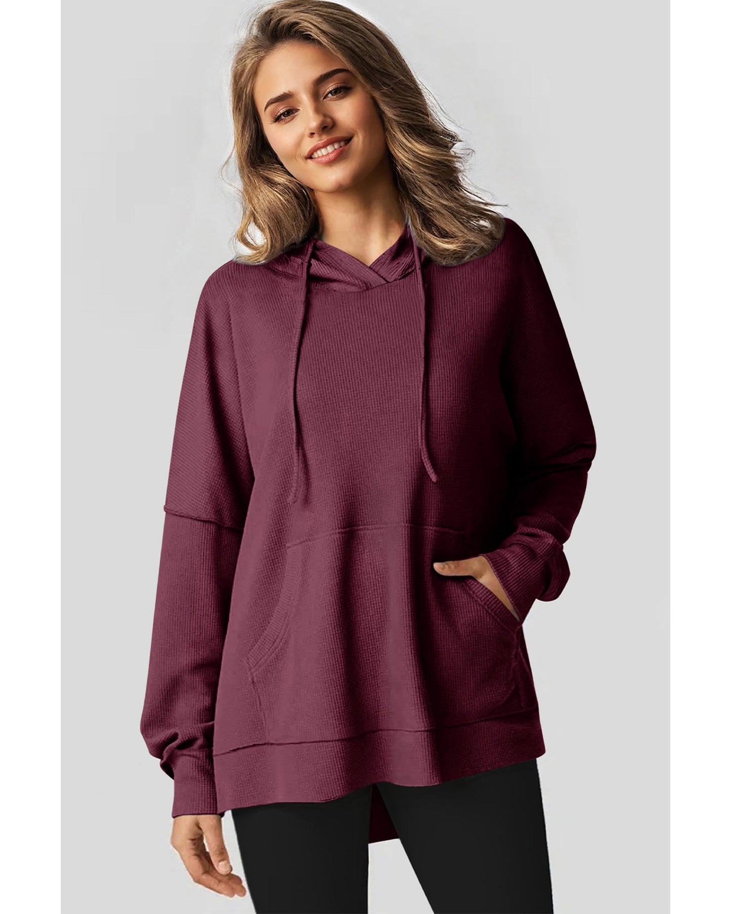 Red Dahlia Waffle Knit Fleece Lined High Low Oversized Hoodie - S