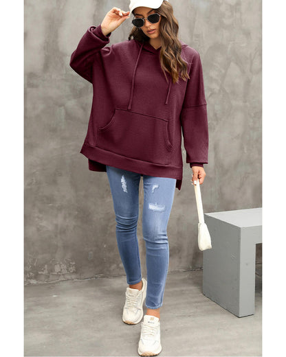 Red Dahlia Waffle Knit Fleece Lined High Low Oversized Hoodie - S