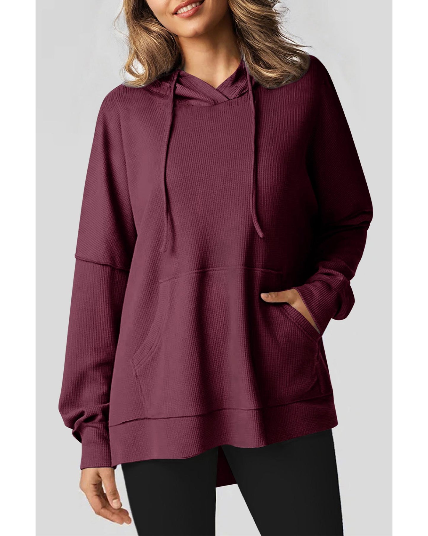 Red Dahlia Waffle Knit Fleece Lined High Low Oversized Hoodie - S