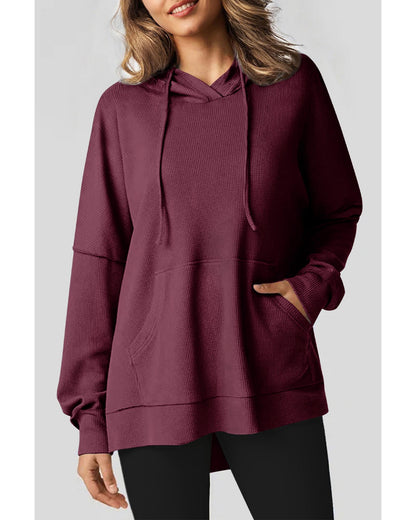 Red Dahlia Waffle Knit Fleece Lined High Low Oversized Hoodie - S