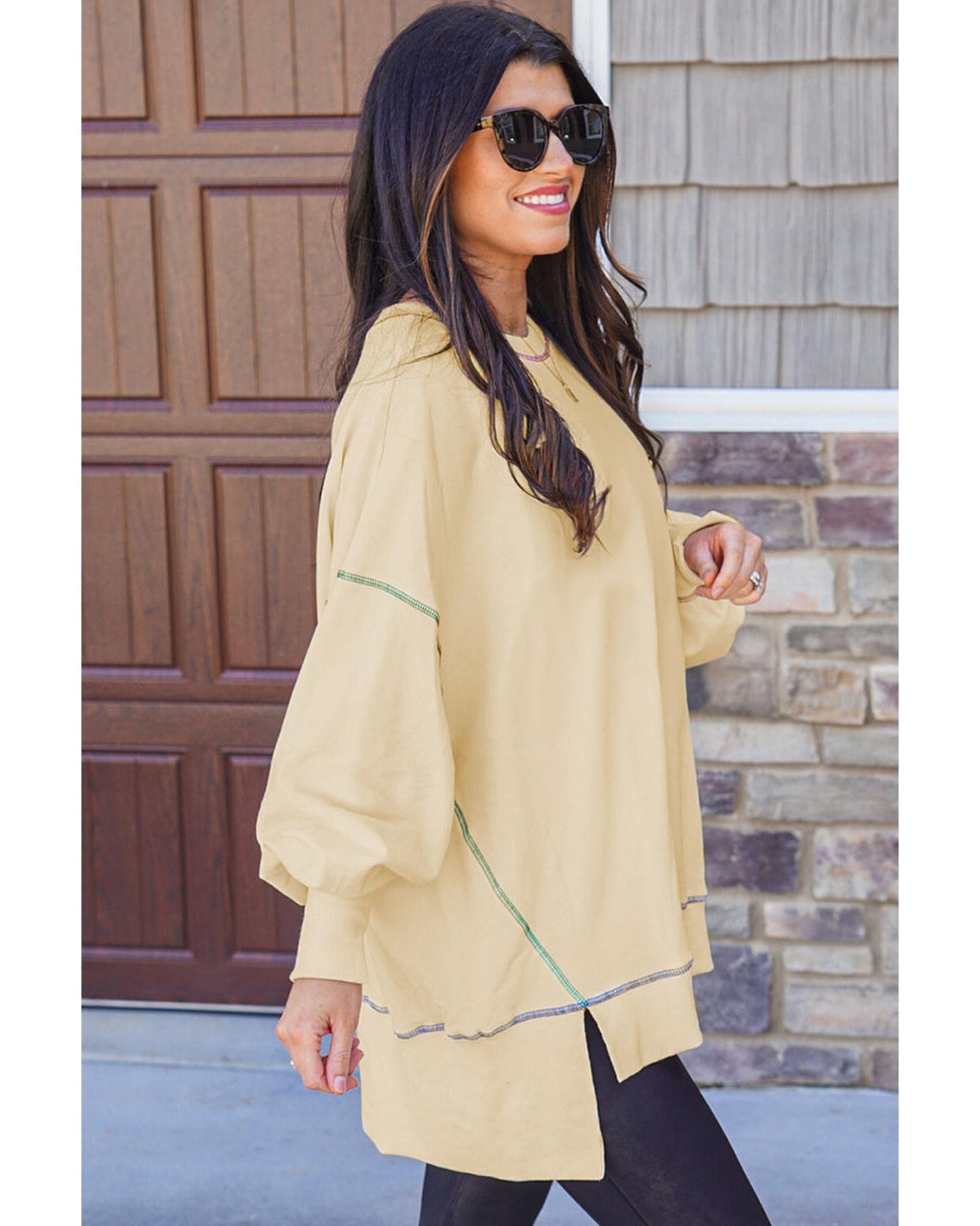 Contrast Stitching Split Baggy Sweatshirt - L