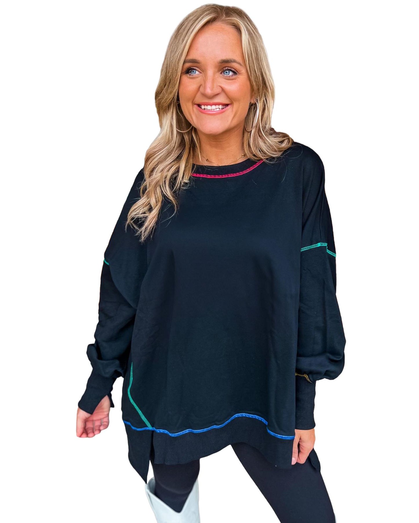 Black Contrast Stitching Split Baggy Sweatshirt - L