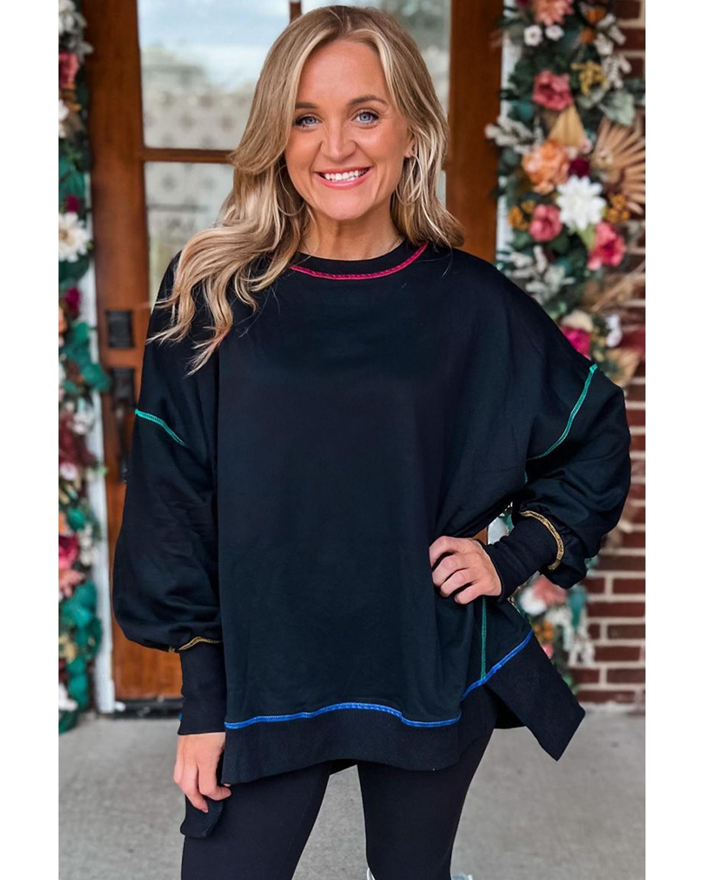 Black Contrast Stitching Split Baggy Sweatshirt - L