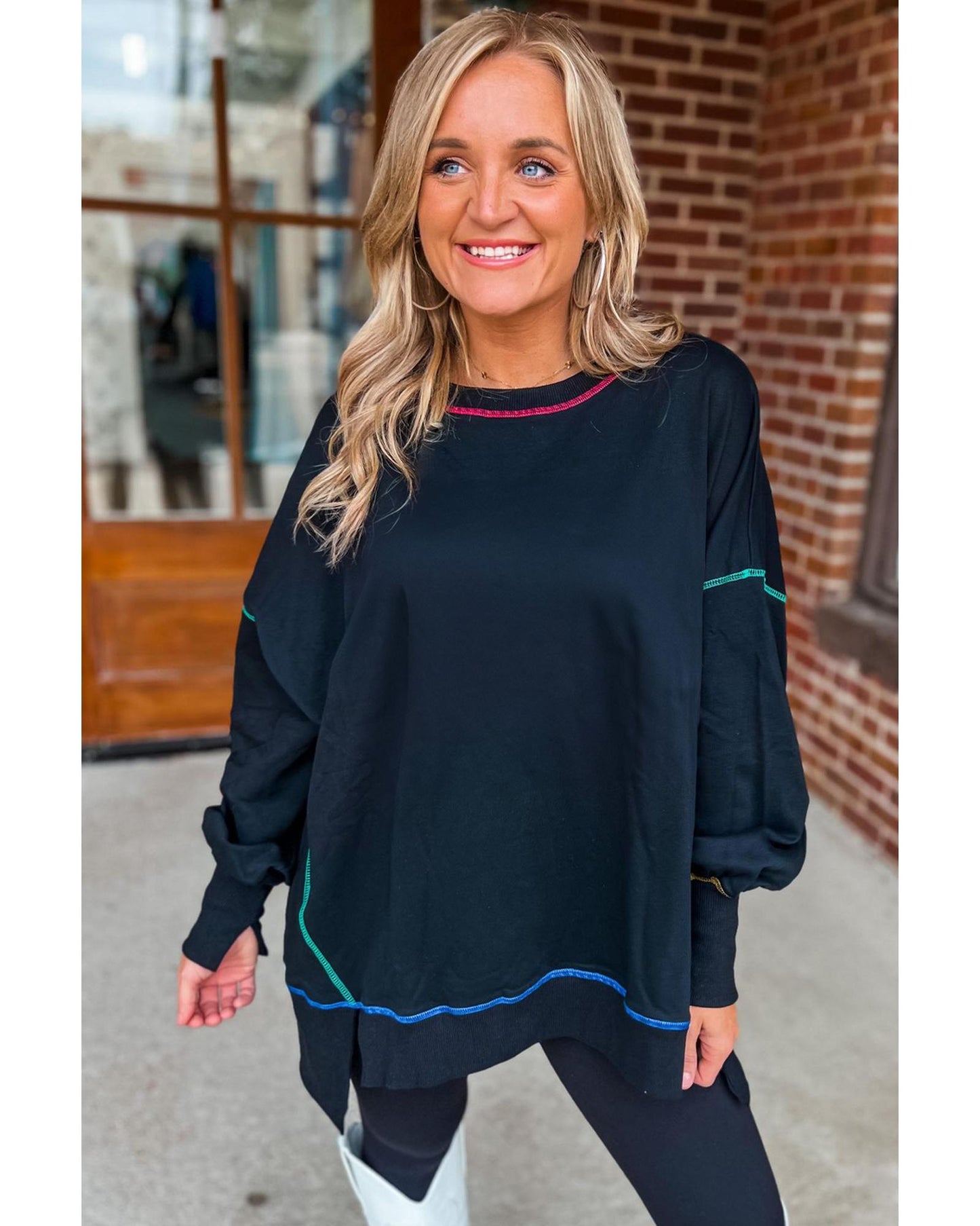 Black Contrast Stitching Split Baggy Sweatshirt - L