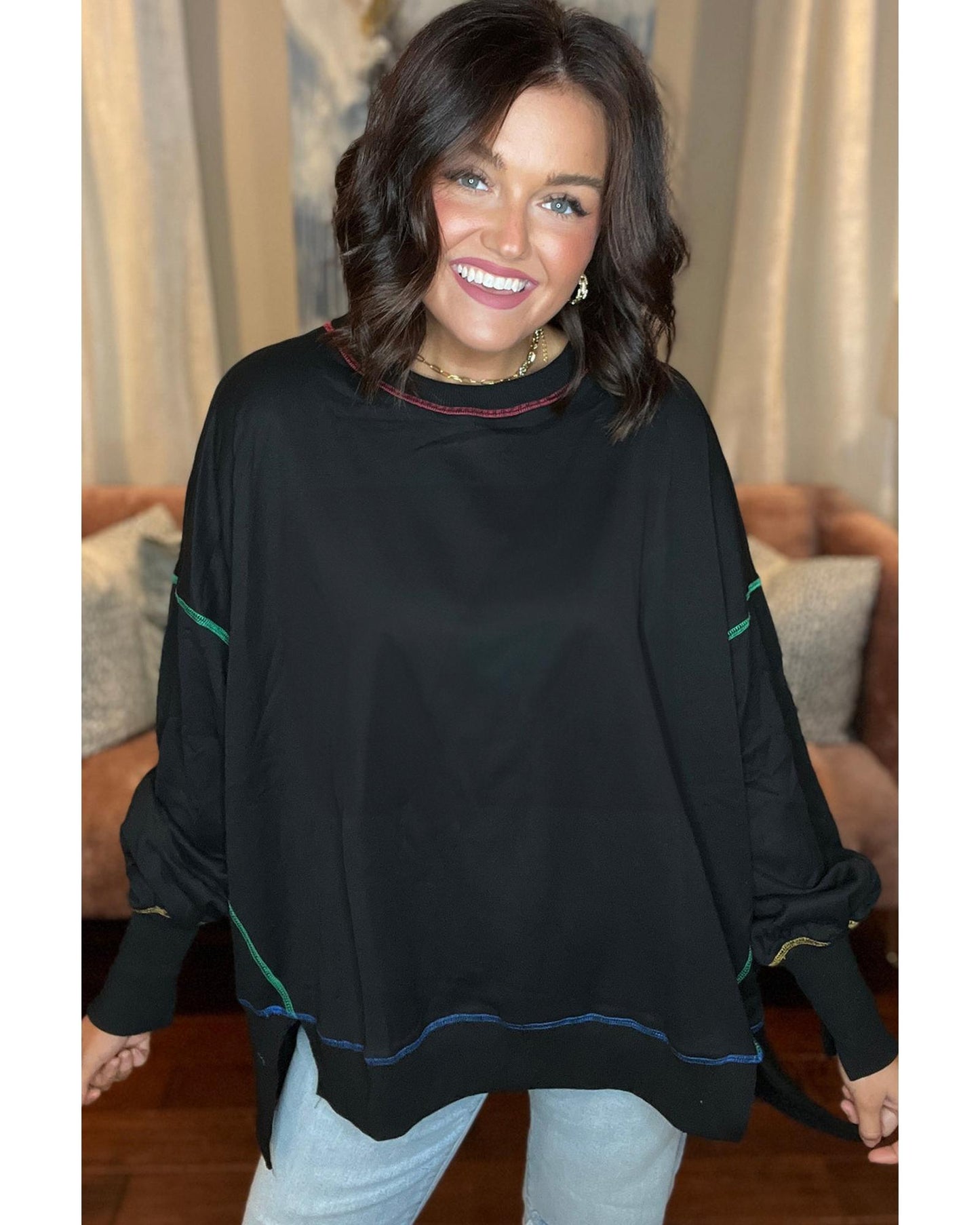 Black Contrast Stitching Split Baggy Sweatshirt - XL