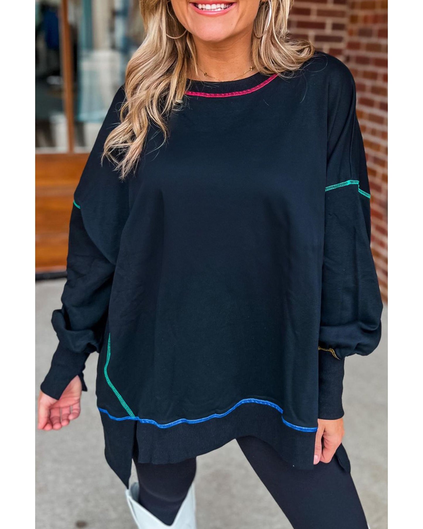 Black Contrast Stitching Split Baggy Sweatshirt - XL