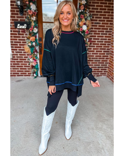 Black Contrast Stitching Split Baggy Sweatshirt - XL
