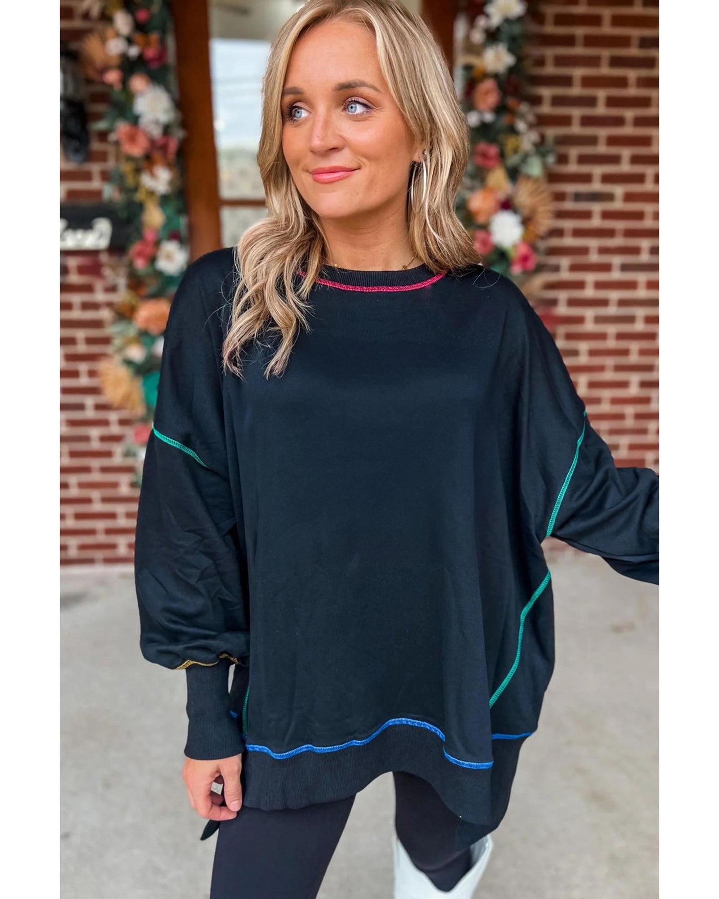 Black Contrast Stitching Split Baggy Sweatshirt - XL