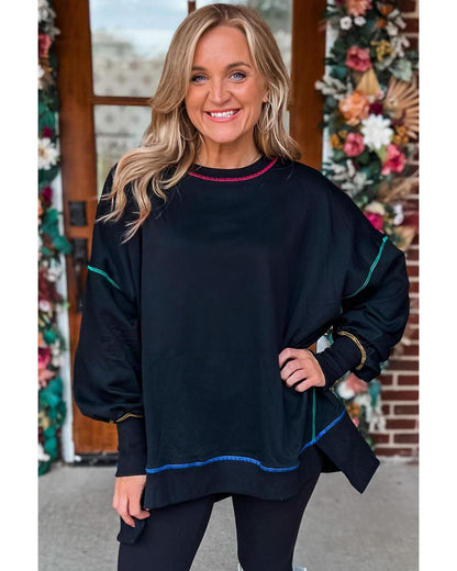 Black Contrast Stitching Split Baggy Sweatshirt - XL