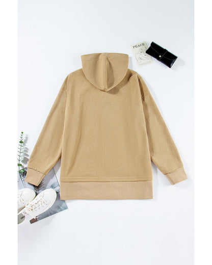 Simply Taupe Solid Ribbed Knit Buttoned Drop Shoulder Oversized Hoodie - 2XL