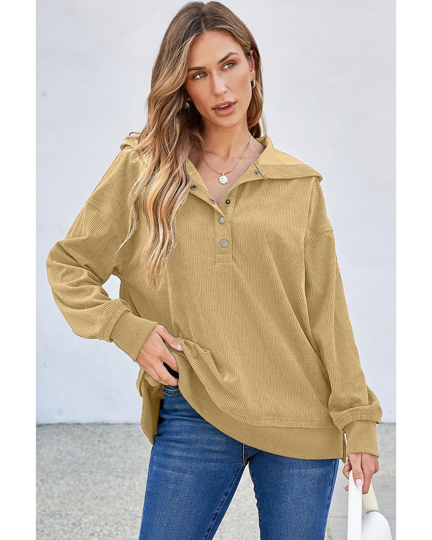 Simply Taupe Solid Ribbed Knit Buttoned Drop Shoulder Oversized Hoodie - 2XL