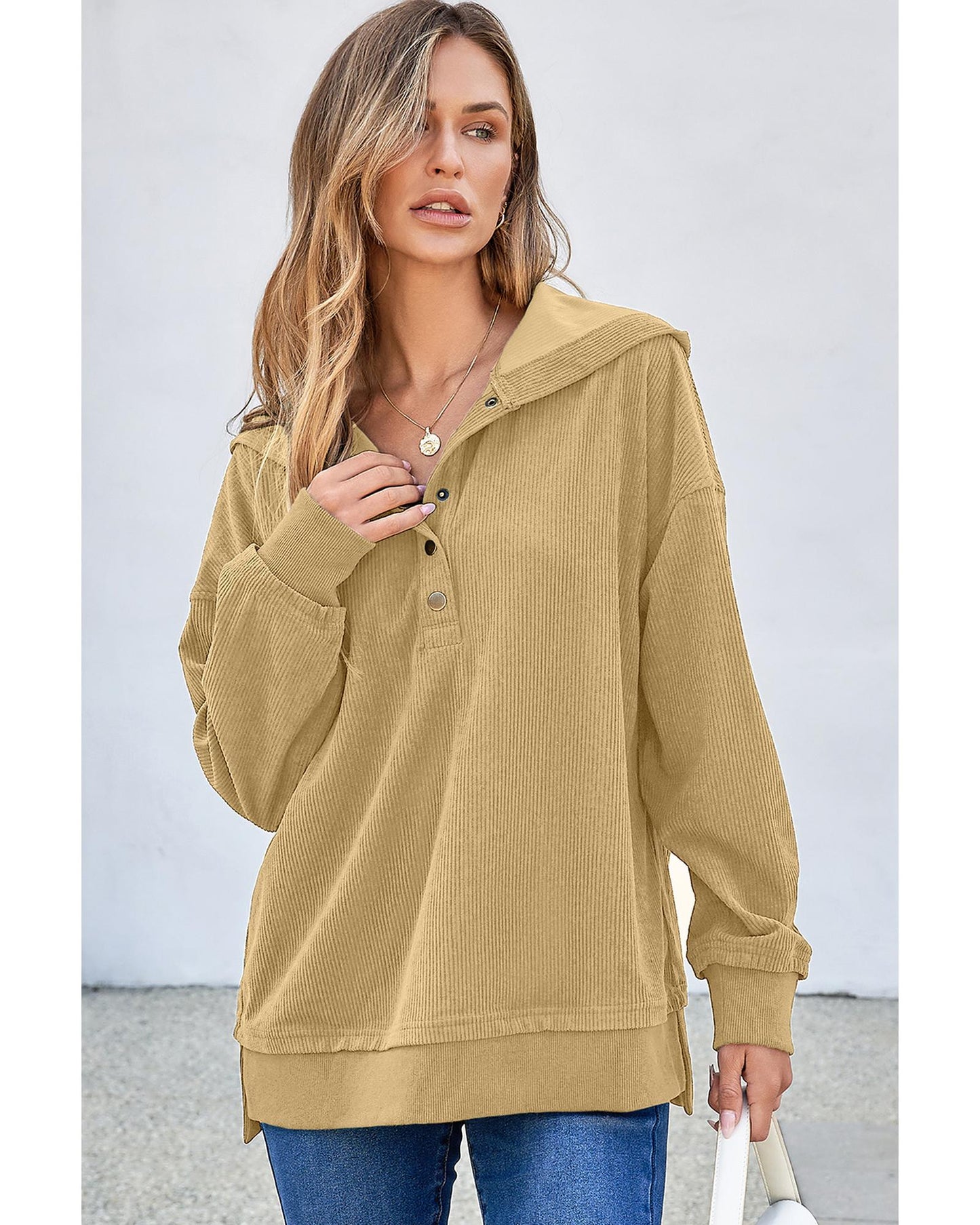 Simply Taupe Solid Ribbed Knit Buttoned Drop Shoulder Oversized Hoodie - 2XL