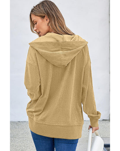 Simply Taupe Solid Ribbed Knit Buttoned Drop Shoulder Oversized Hoodie - 2XL