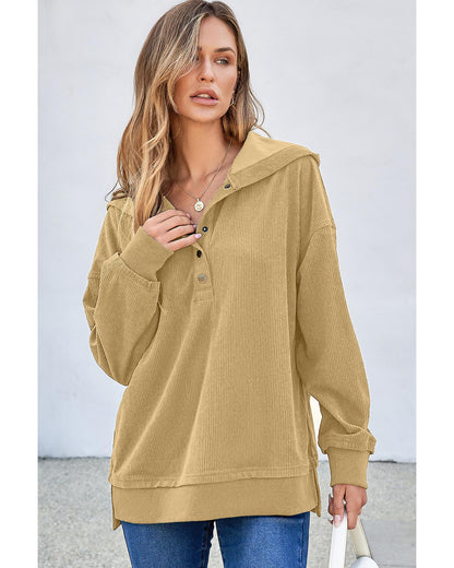 Simply Taupe Solid Ribbed Knit Buttoned Drop Shoulder Oversized Hoodie - L