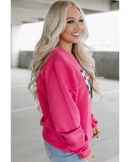 Strawberry Pink Cow & Sequin Double Heart Patch Graphic Sweatshirt - M