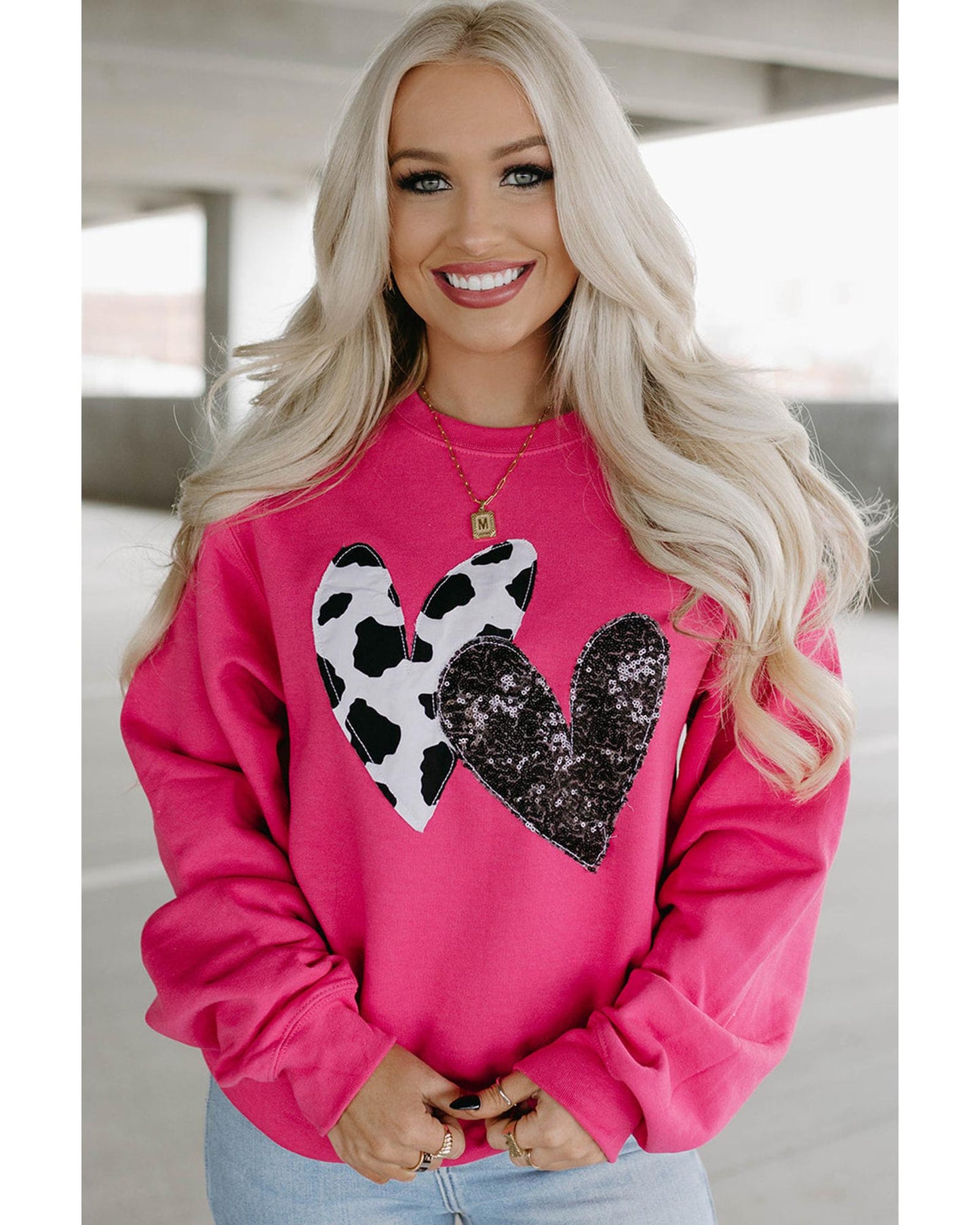 Strawberry Pink Cow & Sequin Double Heart Patch Graphic Sweatshirt - S