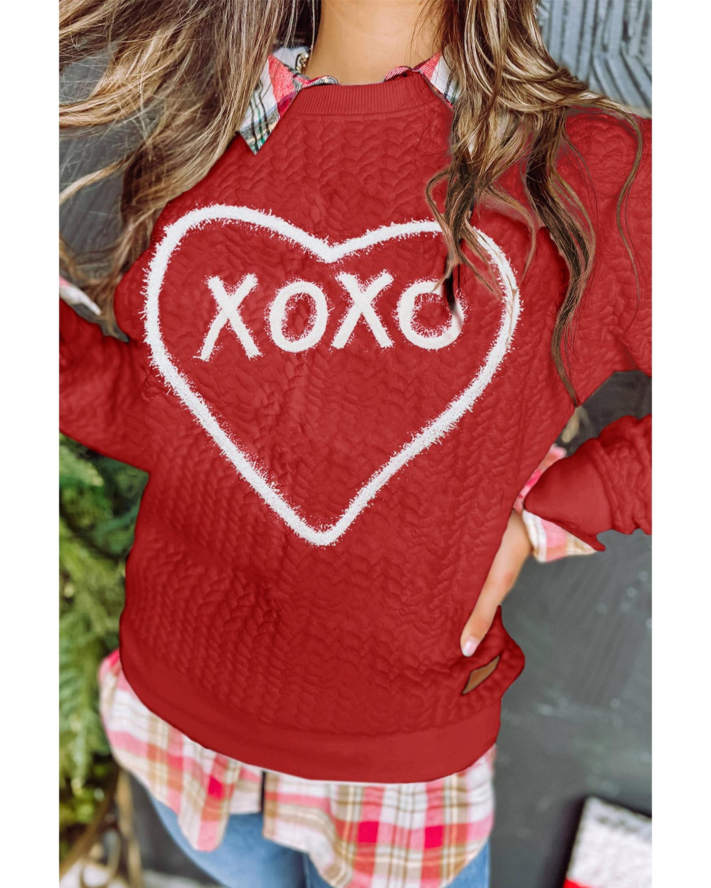 Racing Red Heart XOXO Chenille Embroidered Textured Sweatshirt - S