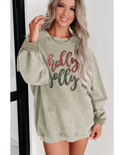 Green Sequined holly jolly Graphic Corded Sweatshirt - M