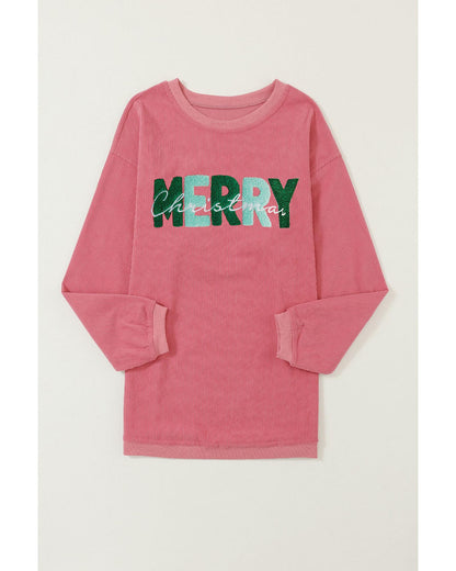 Strawberry Pink MERRY Christmas Corded Pullover Sweatshirt - L
