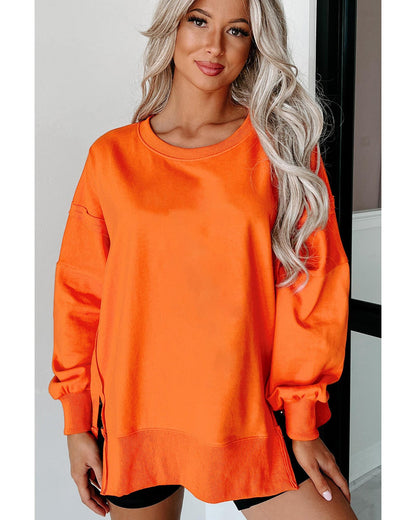 Carrot Exposed Seam Drop Shoulder Round Neck Sweatshirt with Slits - S