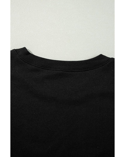 Black Exposed Seam Drop Shoulder Round Neck Sweatshirt with Slits - M