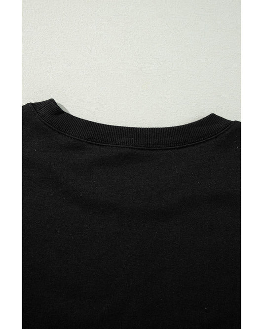 Black Exposed Seam Drop Shoulder Round Neck Sweatshirt with Slits - M