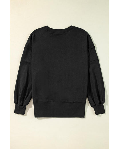 Black Exposed Seam Drop Shoulder Round Neck Sweatshirt with Slits - M