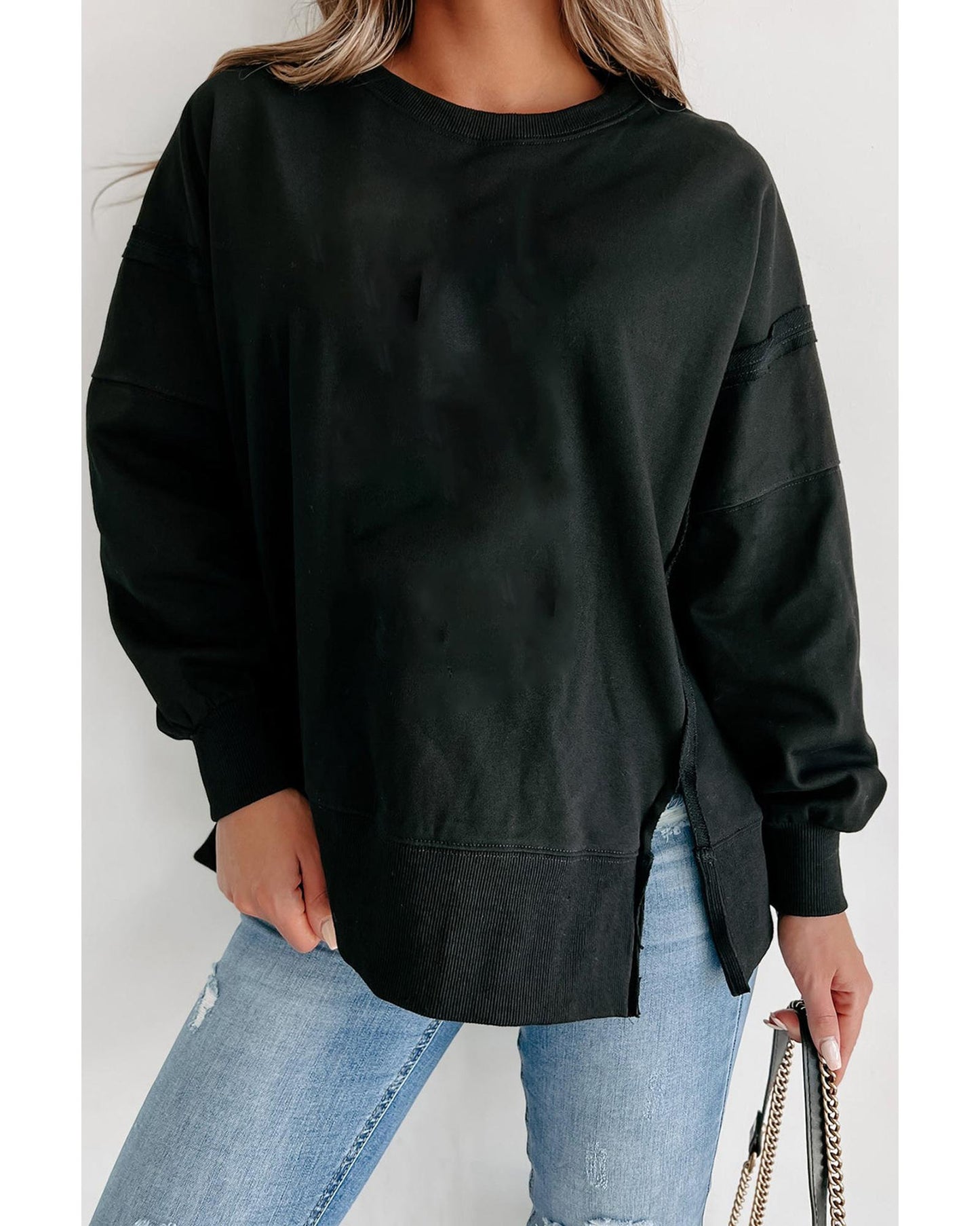 Black Exposed Seam Drop Shoulder Round Neck Sweatshirt with Slits - S