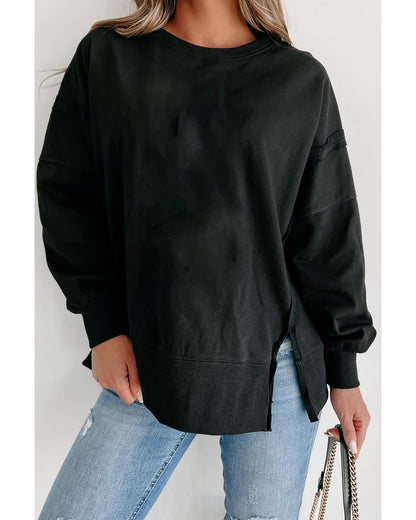 Black Exposed Seam Drop Shoulder Round Neck Sweatshirt with Slits - XL