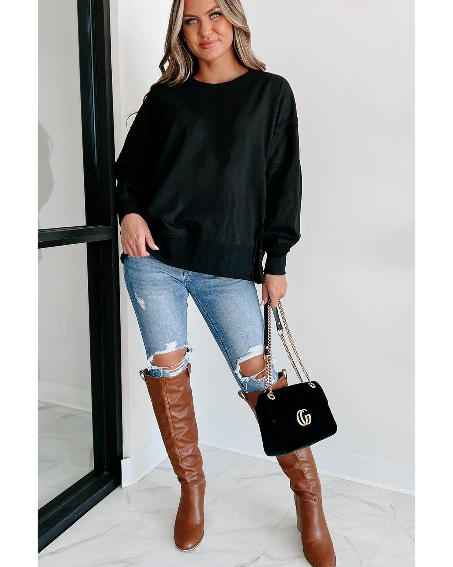 Black Exposed Seam Drop Shoulder Round Neck Sweatshirt with Slits - XL