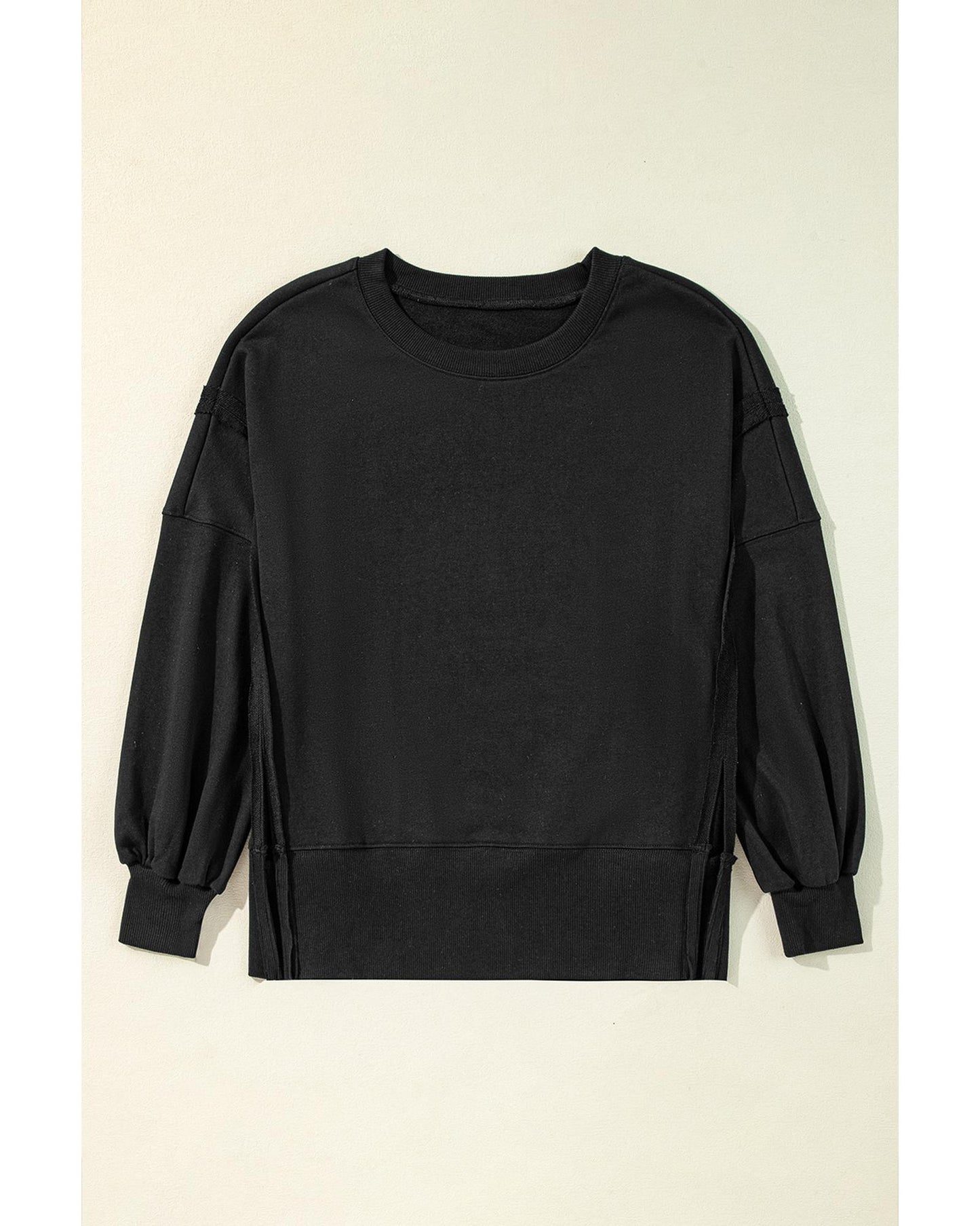 Black Exposed Seam Drop Shoulder Round Neck Sweatshirt with Slits - XL