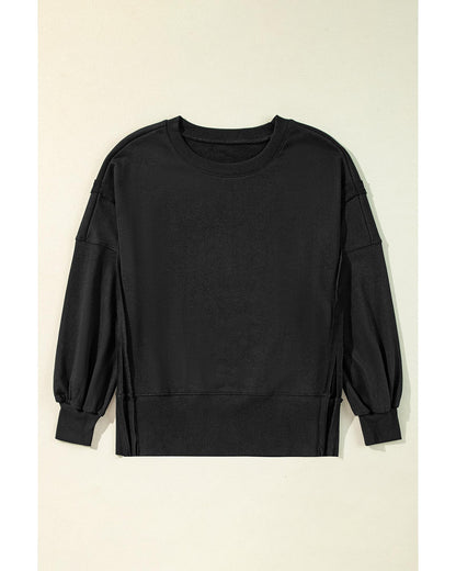 Black Exposed Seam Drop Shoulder Round Neck Sweatshirt with Slits - XL