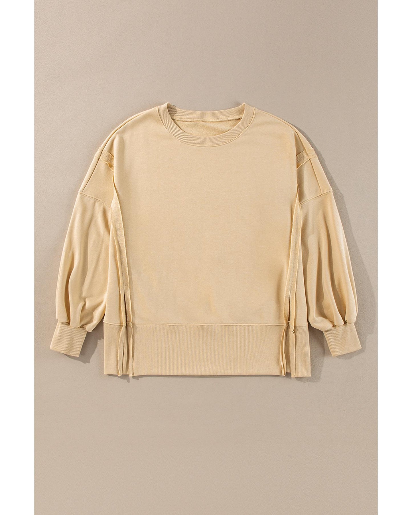 Light French Beige Exposed Seam Drop Shoulder Round Neck Sweatshirt with Slits - 2XL