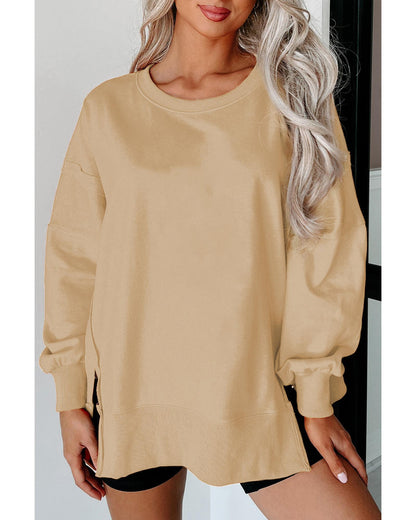 Light French Beige Exposed Seam Drop Shoulder Round Neck Sweatshirt with Slits - L