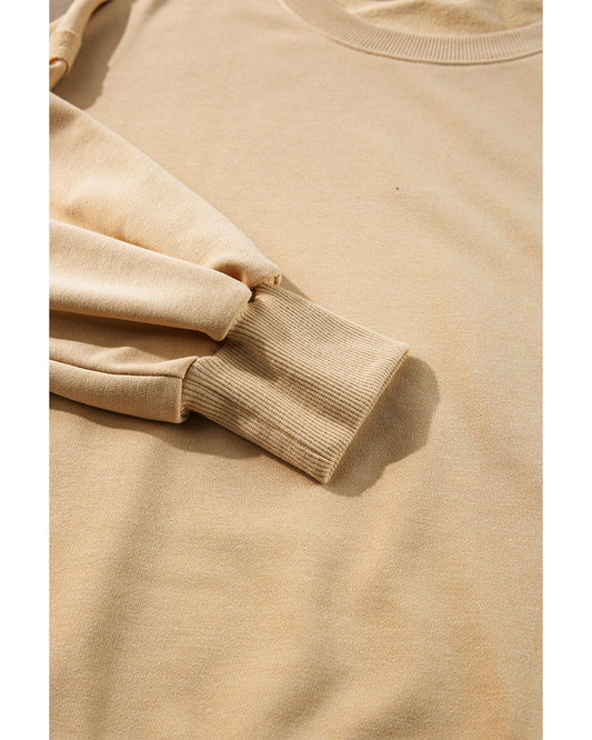 Light French Beige Exposed Seam Drop Shoulder Round Neck Sweatshirt with Slits - M