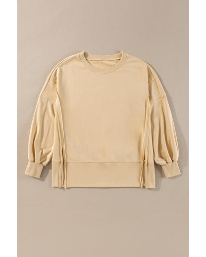 Light French Beige Exposed Seam Drop Shoulder Round Neck Sweatshirt with Slits - M