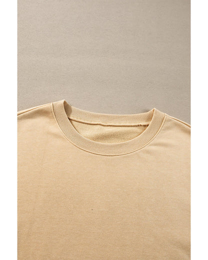 Light French Beige Exposed Seam Drop Shoulder Round Neck Sweatshirt with Slits - M